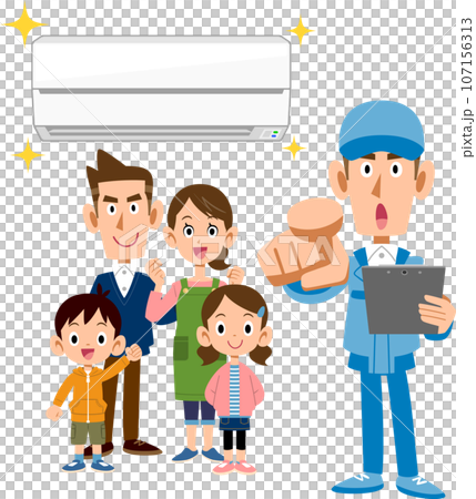 Male worker pointing at air conditioner and family 107156313