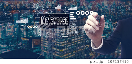 Metaverse theme with businessman in city at night Metaverse theme with businessman in city at night 107157416
