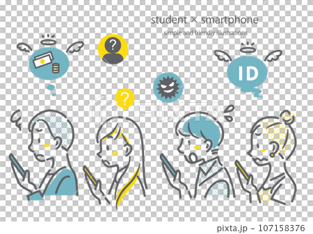 A simple and stylish line drawing illustration of a college student having problems with his smartphone. 107158376