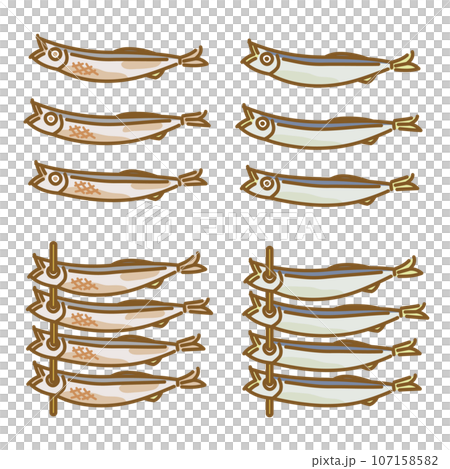 食べ物アイコンセット（秋）：シンプルでかわいいめざし（魚の干物） 107158582