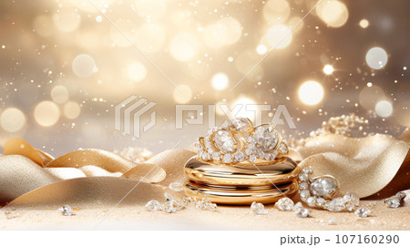 ダイヤモンドのジュエリーとゴールドのキラキラ背景「AI生成画像」 107160290