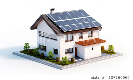 miniature house model with solar panel on roof on white background. smart home energy saving concept. generative AI 107160966