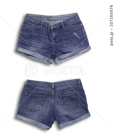 Denim texture in close up view with copy space isolate on white background with clipping path. Blue jeans pattern no seam with macro to preset about classic fashion cloths concept. Indigo color fabric 107160976