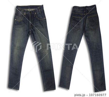Denim texture in close up view with copy space isolate on white background with clipping path. Blue jeans pattern no seam with macro to preset about classic fashion cloths concept. Indigo color fabric 107160977