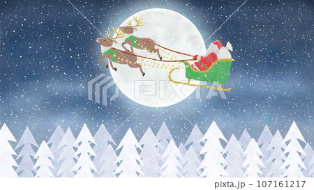 サンタクロースのソリと雪が降る満月の夜　クリスマスイブのシーンイラスト 107161217