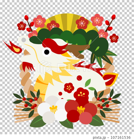 下結び注連縄ツバキに白龍のお年賀シンボル 下結び注連縄ツバキに白龍のお年賀シンボル 107161536