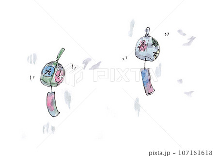 透明水彩絵の具で描いた風鈴のイラストセット 透明水彩絵の具で描いた風鈴のイラストセット 107161618