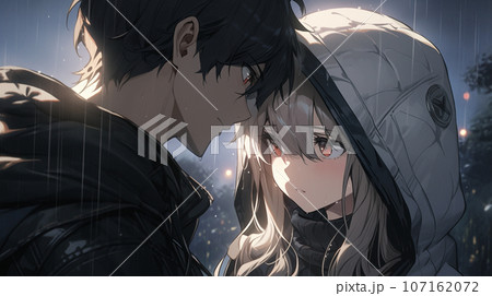 雨降る森の中、身を寄せ合う二人 107162072