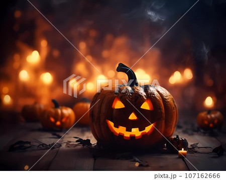 Halloween decorations background. Pumpkins on a dark background. Holiday Halloween 107162666