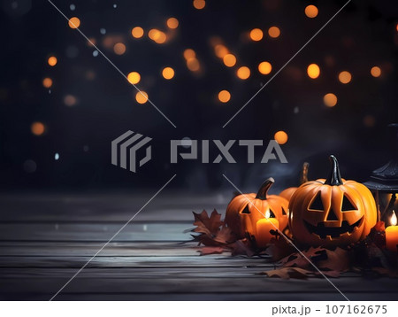 Halloween decorations background. Pumpkins on a dark background. Holiday Halloween 107162675