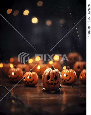 Halloween decorations background. Pumpkins on a dark background. Holiday Halloween Halloween decorations background. Pumpkins on a dark background. Holiday Halloween 107162676