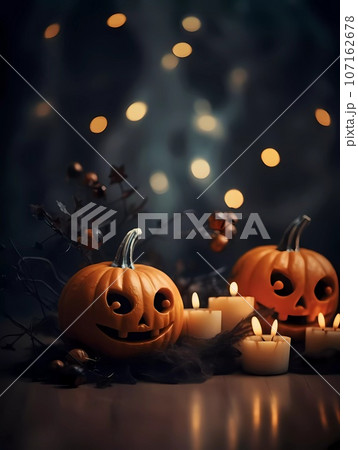 Halloween decorations background. Pumpkins on a dark background. Holiday Halloween Halloween decorations background. Pumpkins on a dark background. Holiday Halloween 107162678
