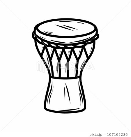 Djembe. National musical instrument inhabitants of Australia. Vector doodle illustration. Drum. Coloring book for kids. 107163286