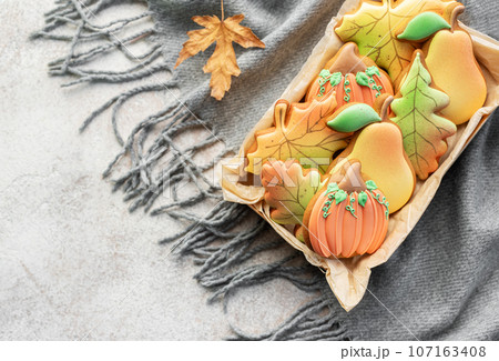 Multicolored autumn homemade cookies in a gift box 107163408