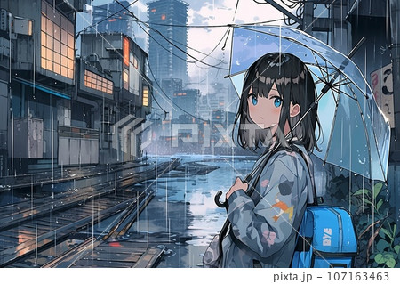 アニメイラスト 雨の街並み AI生成画像］雨が降る街で佇む少女2のイラスト素材 [107163463] - PIXTA
