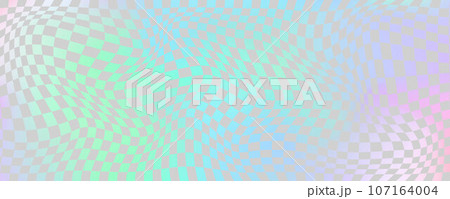 Checkerboard wavy pattern. Abstract holographic chessboard vector print. Y2k psychedelic optical foil grid. Swirl rainbow geometric retro design 107164004