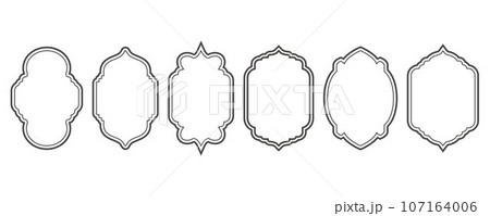 Ramadhan window frame shapes. Vector outline islamic arch and door. Muslim ornament label. Design elements isolated on white background. Traditional vintage symbols for decoration 107164006