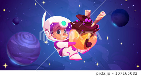 Astronaut kid floating in space with sweet planet Astronaut kid floating in space with sweet planet 107165082
