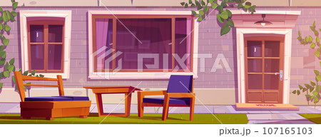 House facade with lawn and garden furniture. 107165103