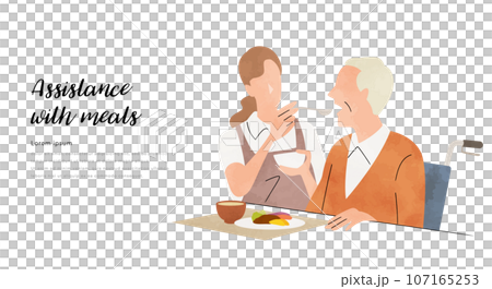 Vector illustration material: Nursing care staff and senior men who provide nursing care and meal assistance Vector illustration material: Nursing care staff and senior men who provide nursing care and meal assistance 107165253