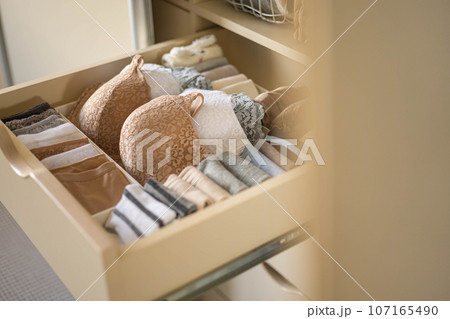 Modern wardrobe with stylish women's clothing. Drawer with underwear, t-shirts, socks and shorts. The concept of storage and order. Modern wardrobe with stylish women's clothing. Drawer with underwear, t-shirts, socks and shorts. The concept of storage and order. 107165490