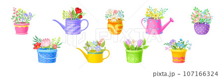 Blooming Flower Bunch with Twigs in Pot and Vase Vector Set Blooming Flower Bunch with Twigs in Pot and Vase Vector Set 107166324