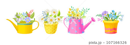 Blooming Flower Bunch with Twigs in Pot and Vase Vector Set 107166326