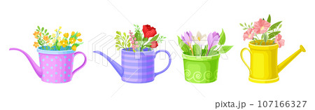 Blooming Flower Bunch with Twigs in Pot and Vase Vector Set Blooming Flower Bunch with Twigs in Pot and Vase Vector Set 107166327