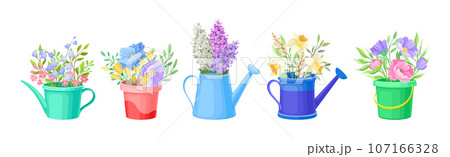 Blooming Flower Bunch with Twigs in Pot and Vase Vector Set 107166328