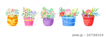 Blooming Flower Bunch with Twigs in Pot and Vase Vector Set 107166329