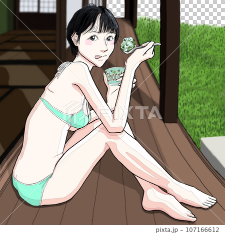 女孩坐在地板上吃冰淇淋 13 107166612