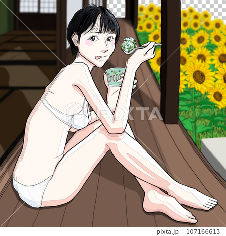 床に座りアイスクリームを食べる女の子20 107166613