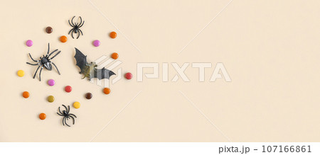 Halloween background with black bats, spiders, orange pumpkin. Modern Holiday design. Halloween party border, beige nude color. Flat lay, top view copy space. Thanksgiving fall decoration. Long banner Halloween background with black bats, spiders, orange pumpkin. Modern Holiday design. Halloween party border, beige nude color. Flat lay, top view copy space. Thanksgiving fall decoration. Long banner 107166861