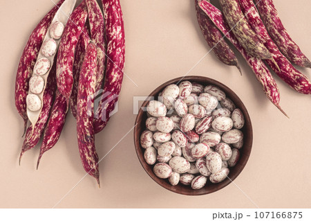 Cranberry beans. Borlotti bean pods in bowl. Top view. Stylish modern food background. Magenta color. Creative foodstuff flat lay. Grocery, dietary backdrop. Advertising, trendy magazine publication. Cranberry beans. Borlotti bean pods in bowl. Top view. Stylish modern food background. Magenta color. Creative foodstuff flat lay. Grocery, dietary backdrop. Advertising, trendy magazine publication. 107166875