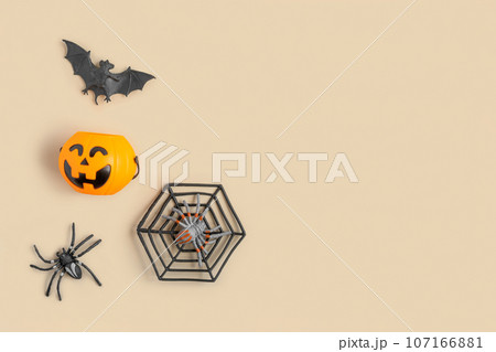 Halloween background with black bats, spiders, orange pumpkin. Modern Holiday design. Halloween party border, beige nude color. Flat lay, top view copy space. Thanksgiving fall decoration. Long banner Halloween background with black bats, spiders, orange pumpkin. Modern Holiday design. Halloween party border, beige nude color. Flat lay, top view copy space. Thanksgiving fall decoration. Long banner 107166881