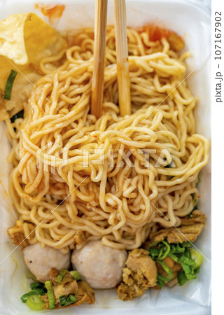 Close-up view of chicken noodles (mie ayam) 107167902