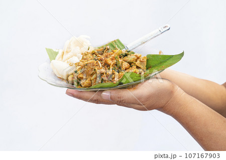 A human hand holding a plate with gado gado A human hand holding a plate with gado gado 107167903
