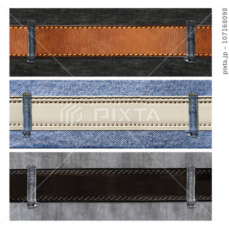 Collection of banners with denim of different color and and leather belt. Set of horizontal backdrop with denim jeans fabric texture and leather strap. Copy space for text 107168098