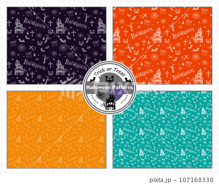 ハロウィンのシームレスパターン背景セット 107168330