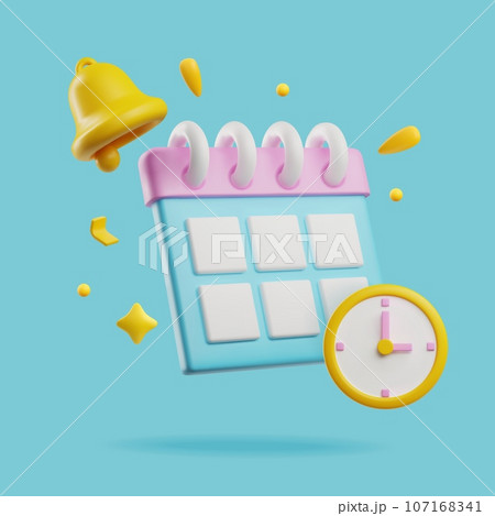 Clock, ringing bell and paper calendar 3D style, vector illustration 107168341