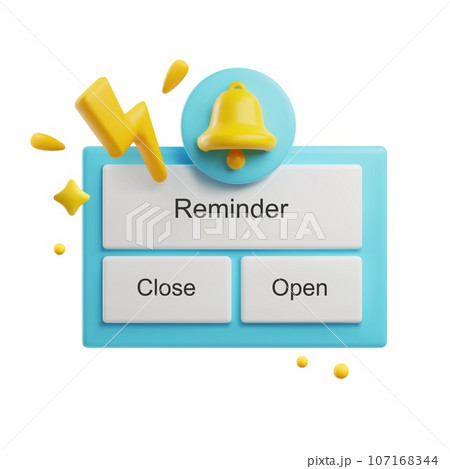 Reminder 3D rendering notifications page with buttons, flash lightning and yellow ringing bel, time management design Reminder 3D rendering notifications page with buttons, flash lightning and yellow ringing bel, time management design 107168344