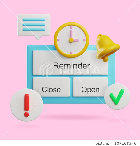 Reminder notification, clock and ringing bell 3D style, vector illustration Reminder notification, clock and ringing bell 3D style, vector illustration 107168346