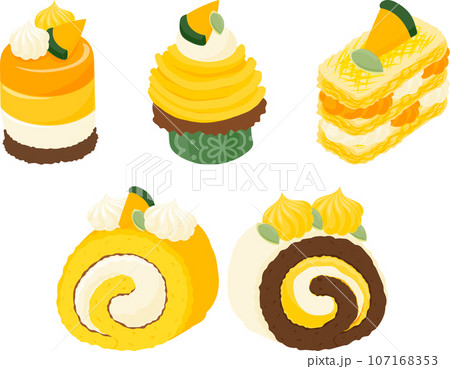 ババロアやモンブランやミルフィーユやロールケーキなどの、甘くてほくほくなかぼちゃスイーツのアイコン 107168353