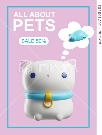 Flyer with 3d rendering kitty and mouse, toys accessories and food pet store, cat care stuff cartoon vector illustration 107168383