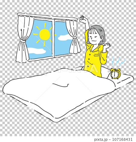 朝すっきり目覚めた女性 手書き風 2色 朝すっきり目覚めた女性 手書き風 2色 107168431
