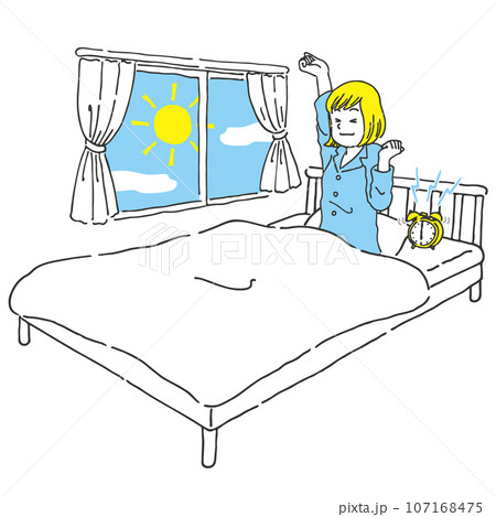 朝すっきり目覚めた女性　手書き風　2色 107168475