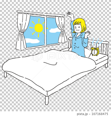 朝すっきり目覚めた女性　手書き風　2色 107168475