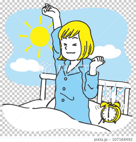 朝すっきり目覚めた女性 手書き風 2色 朝すっきり目覚めた女性 手書き風 2色 107168492