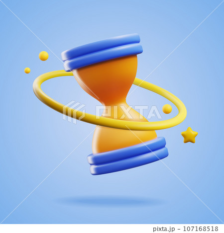3d realistic full hourglass or sandclock hanging in the air decorated with ring and stars, vector render watch on blue 107168518
