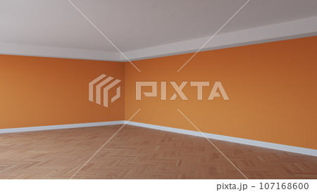 Corner of the Orange Interior with a White Ceiling and Cornice, Glossy Herringbone Parquet Floor, and a White Plinth. Unfurnished Room Concept. 3D rendering, Ultra HD 8K, 7680x4320, 300 dpi Corner of the Orange Interior with a White Ceiling and Cornice, Glossy Herringbone Parquet Floor, and a White Plinth. Unfurnished Room Concept. 3D rendering, Ultra HD 8K, 7680x4320, 300 dpi 107168600